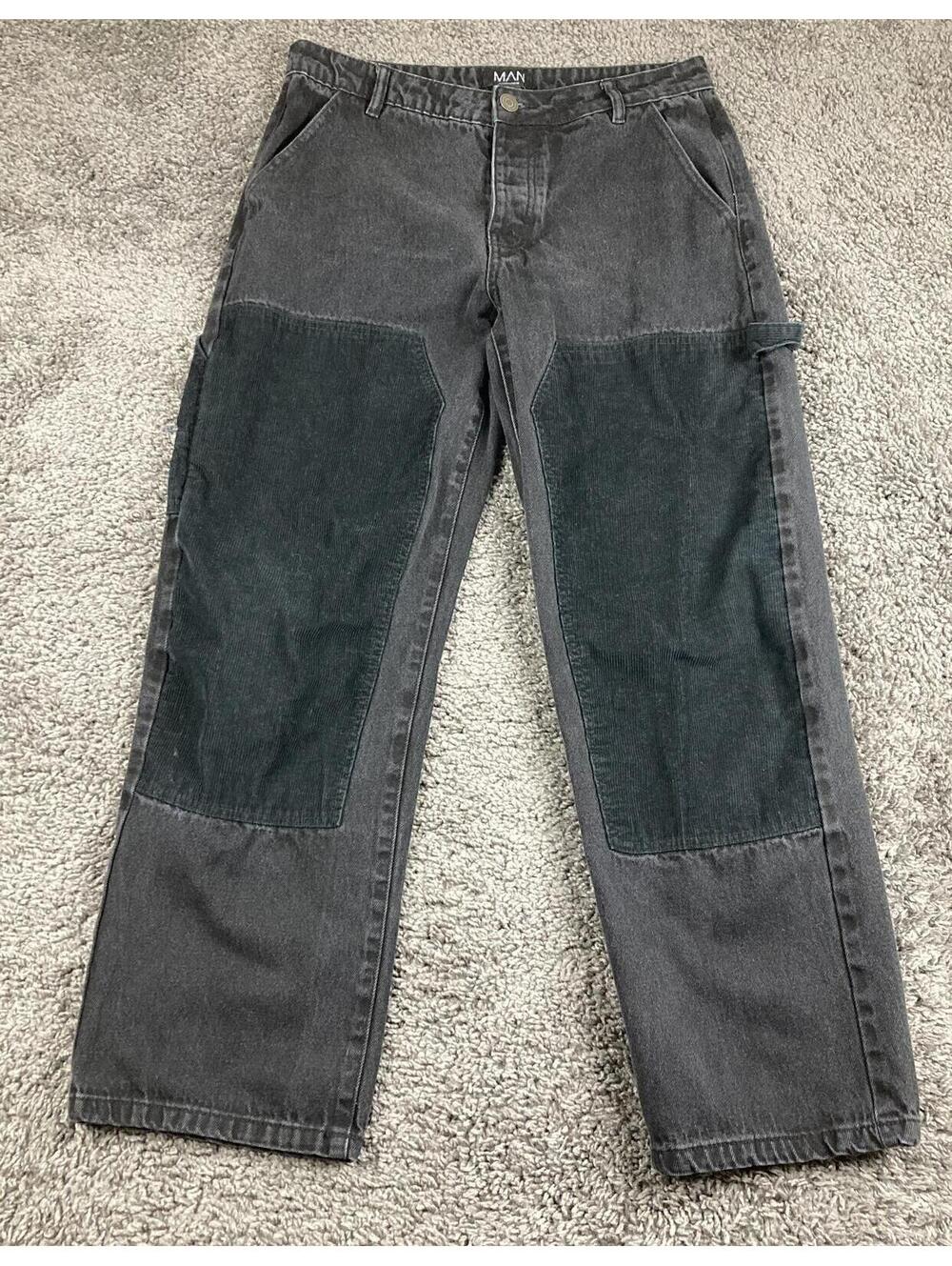 MAN by BoohooMAN Carpenter Pants Men's Black Corduroy Panel Sz 32x30
